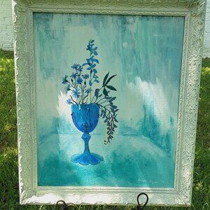 Blue Glass With Wildflowers Oil On Board - Antique Wood Brocate Frame